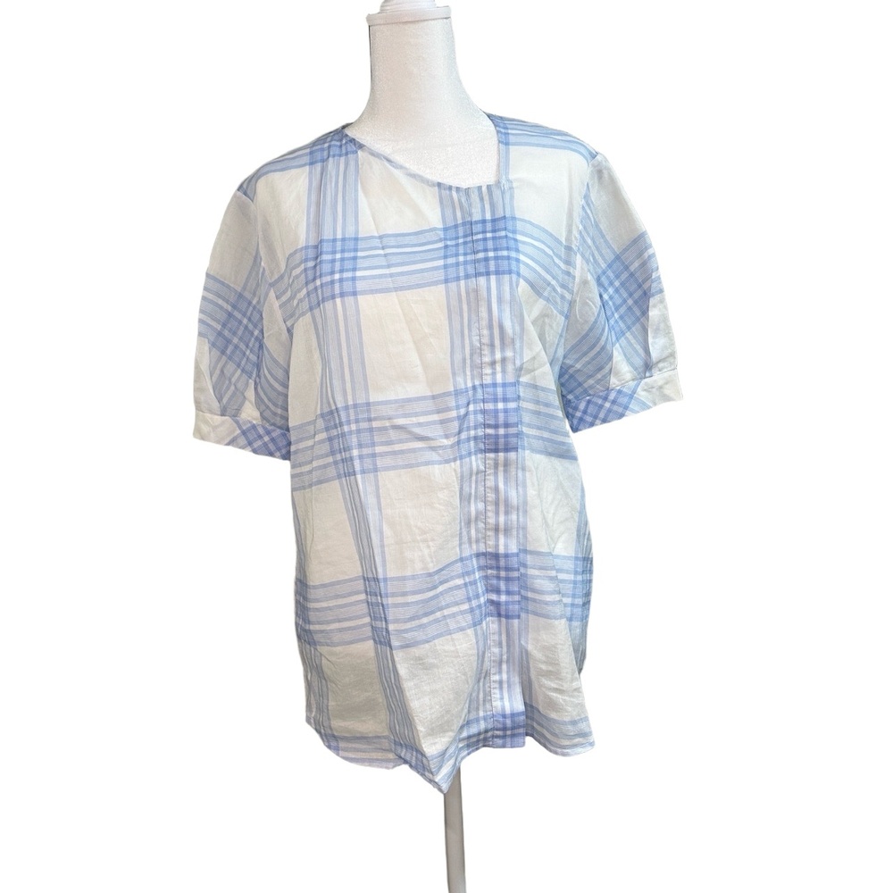 Maison Ullens Lightweight Cotton Blouse Blue White Plaid ButtonUp Women 42 10/12